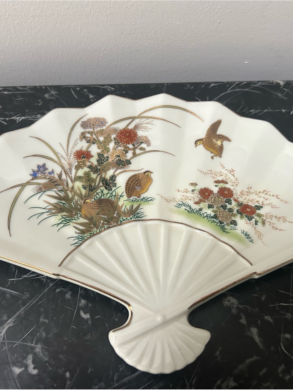 Otagiri Cream Porcelain Fan Trinket Dish Gold Accents Birds Floral Nature Quail